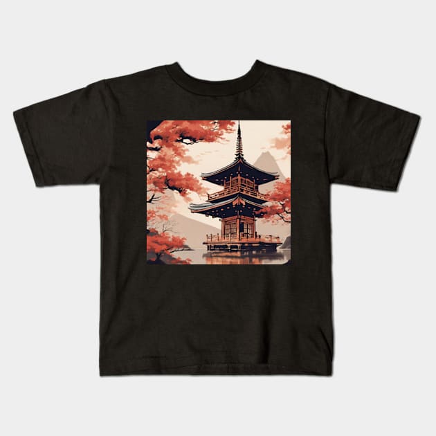 japanese pagoda with cheery blossom Kids T-Shirt by cloudviewv2